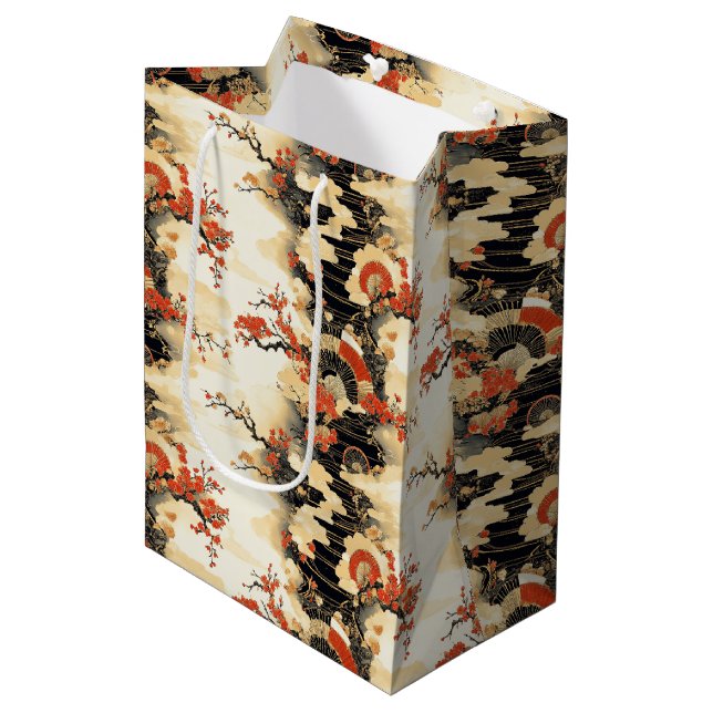 Japanese Cherry Blossom Fan Pattern (3) Medium Gift Bag (Front Angled)