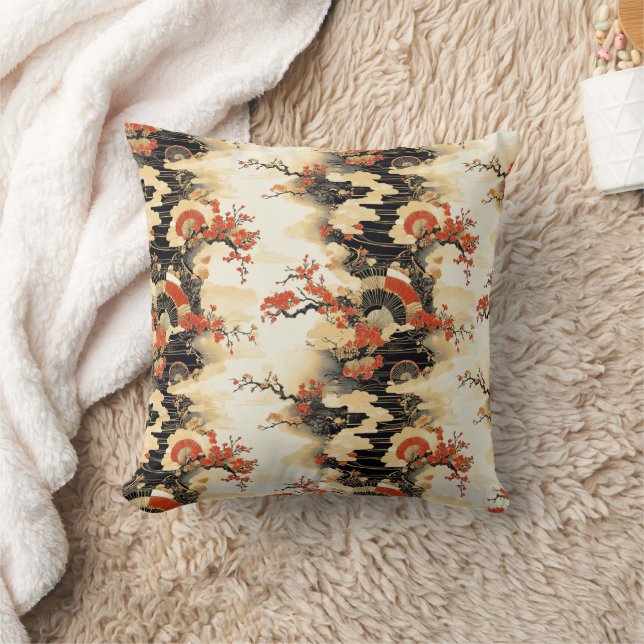 Japanese Cherry Blossom Fan Pattern (3) Throw Pillow (Blanket)