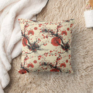 Japanese Cherry Blossom Fan Pattern (4) Throw Pillow