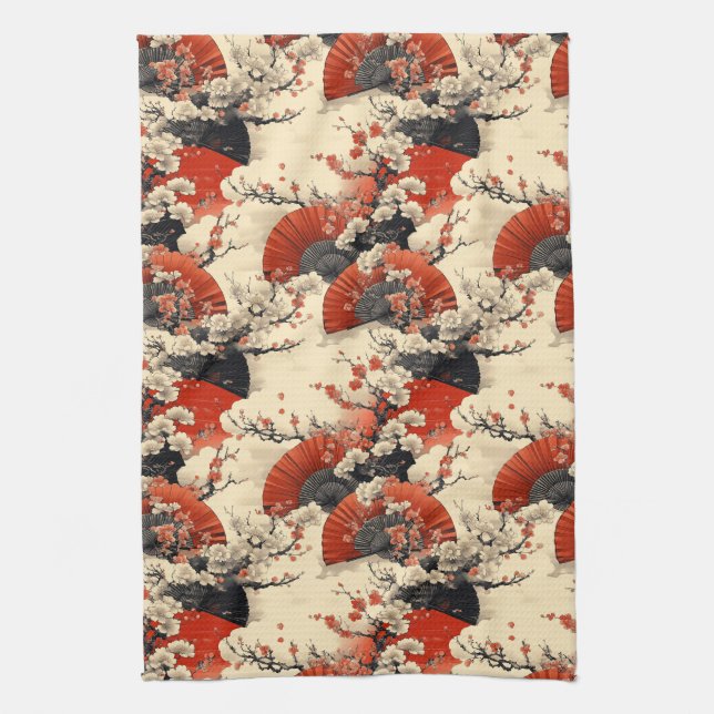 Japanese Cherry Blossom Fan Pattern (5) Kitchen Towel (Vertical)