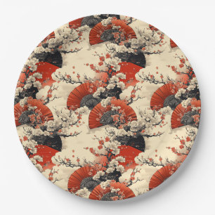 Japanese Cherry Blossom Fan Pattern (5) Paper Plates