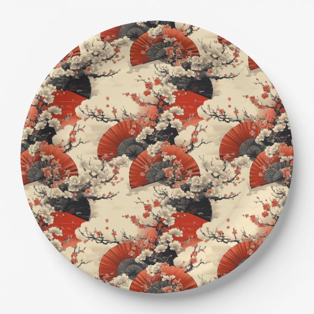 Japanese Cherry Blossom Fan Pattern (5) Paper Plates (Front)