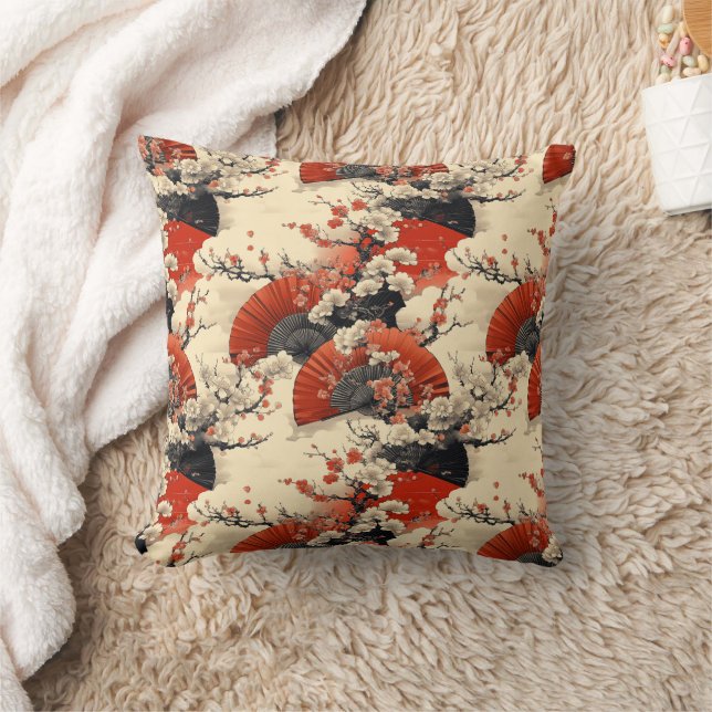 Japanese Cherry Blossom Fan Pattern (5) Throw Pillow (Blanket)