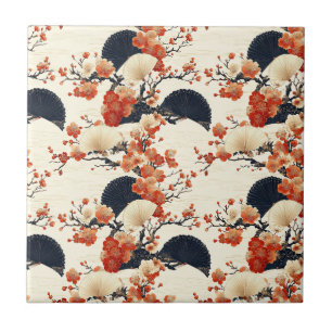 Japanese Cherry Blossom Fan Pattern (6) Ceramic Tile