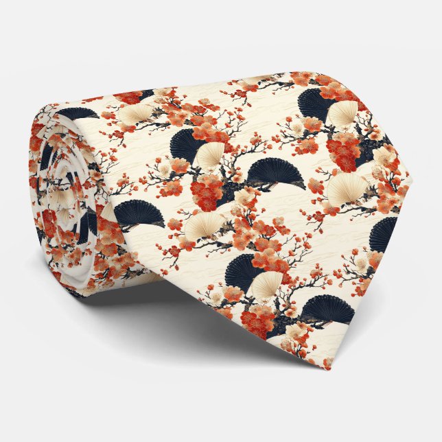 Japanese Cherry Blossom Fan Pattern (6) Neck Tie (Rolled)