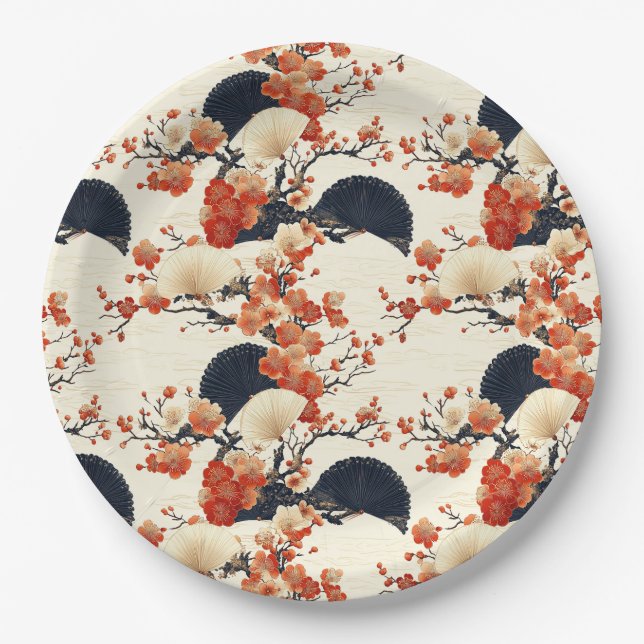 Japanese Cherry Blossom Fan Pattern (6) Paper Plates (Front)