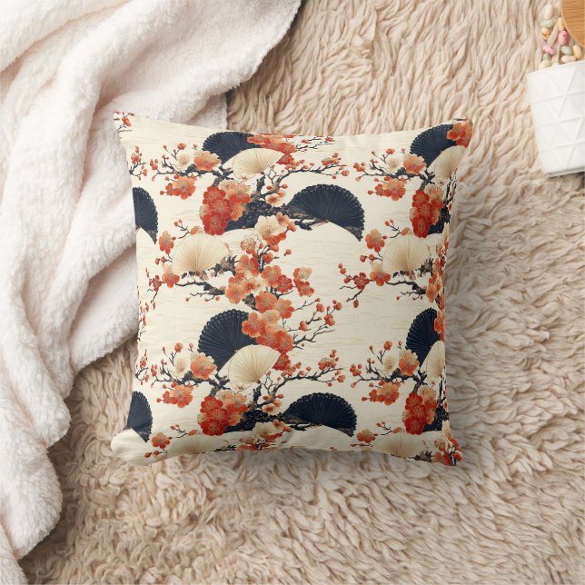 Japanese Cherry Blossom Fan Pattern (6) Throw Pillow (Blanket)