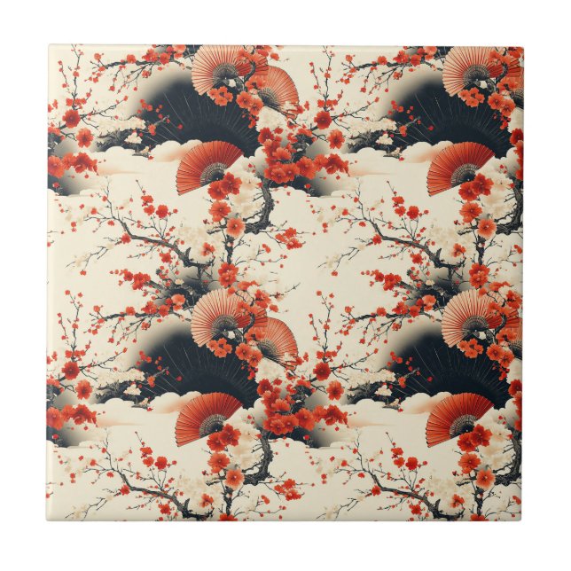 Japanese Cherry Blossom Fan Pattern (7) Ceramic Tile (Front)