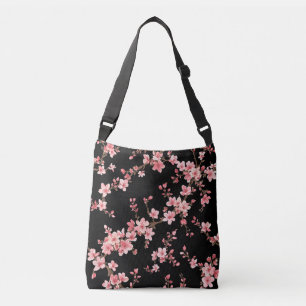 Japanese Cherry Blossom Floral Blush Pink Black Crossbody Bag