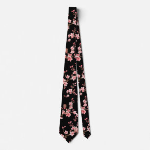 Japanese Cherry Blossom Floral Blush Pink black Neck Tie