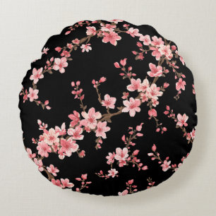 Japanese Cherry Blossom Floral Blush Pink Black Round Pillow