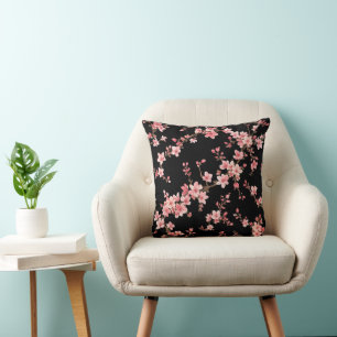 Japanese Cherry Blossom Floral Blush Pink Black Throw Pillow