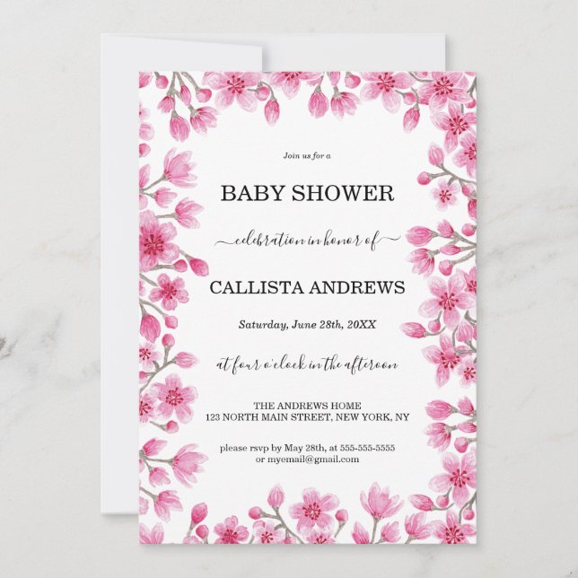 Japanese Cherry Blossom Floral Border Baby Shower Invitation (Front)