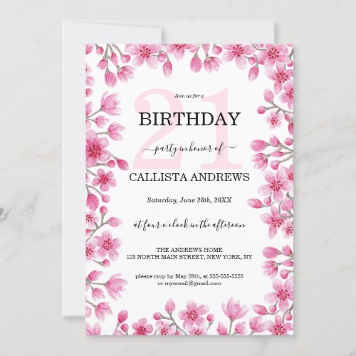 Japanese Cherry Blossom Floral Border Birthday Invitation