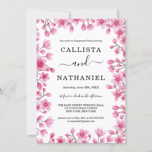 Japanese Cherry Blossom Floral Border Engagement Invitation