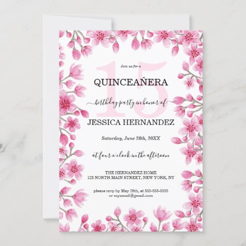 Japanese Cherry Blossom Floral Border Quinceaera Invitation