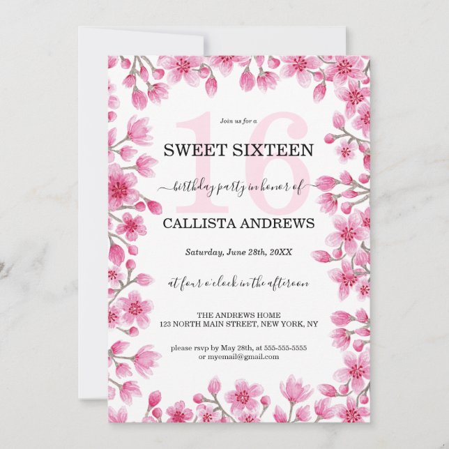 Japanese Cherry Blossom Floral Border Sweet 16 Invitation (Front)