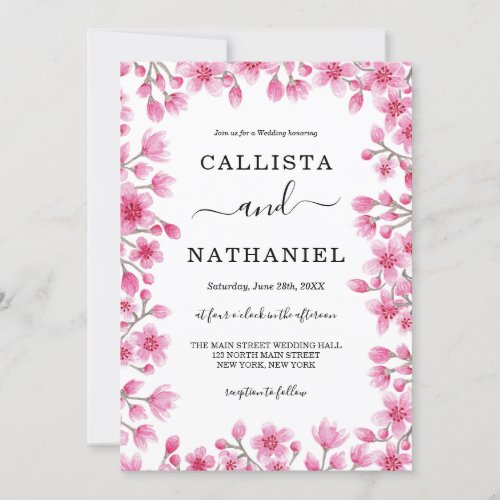 Japanese Cherry Blossom Floral Border Wedding Invitation