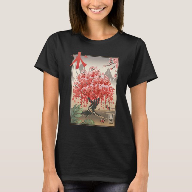 Japanese Cherry Blossom Flower Woodblock Sakura Tr T-Shirt (Front)