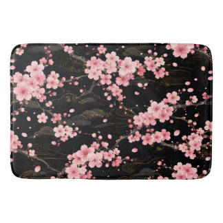 Japanese Cherry Blossom monogram Blush Pink black Bath Mat
