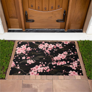 Japanese Cherry Blossom monogram Blush Pink black Doormat