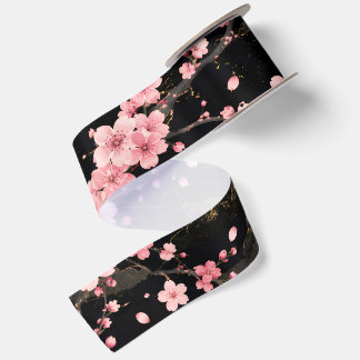 Japanese Cherry Blossom monogram Blush Pink black Satin Ribbon