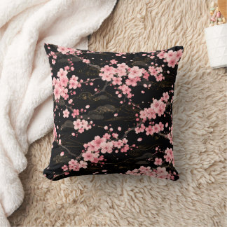 Japanese Cherry Blossom monogram Blush Pink black Throw Pillow