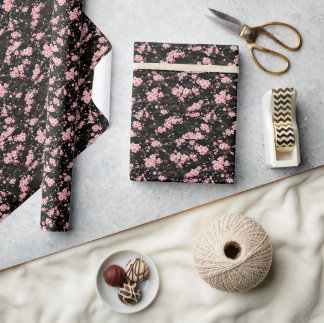 Japanese Cherry Blossom monogram Blush Pink black Wrapping Paper