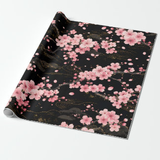 Japanese Cherry Blossom monogram Blush Pink black Wrapping Paper