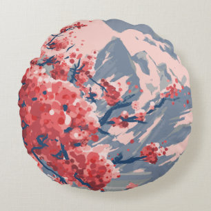 Japanese Cherry Blossom & Mountain Art Round Pillow