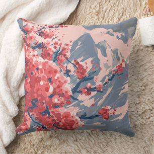 Japanese Cherry Blossom & Mountain Art Throw Pillow