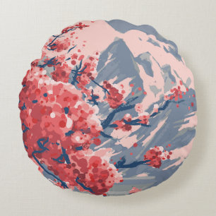 Japanese Cherry Blossom & Mountain Artwork Round Pillow