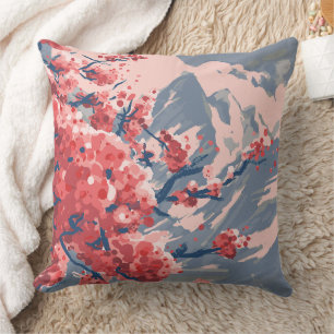 Japanese Cherry Blossom & Mountain Artwork Throw Pillow