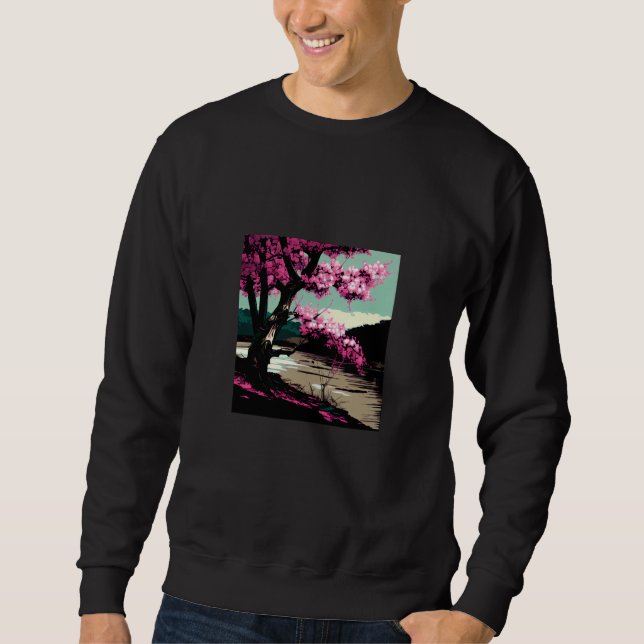 Japanese Cherry blossom next to a lake painting Sweatshirt (Front)
