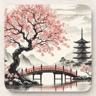 Japanese Cherry Blossom Pagoda Bridge Tin Candle Beverage Coaster
