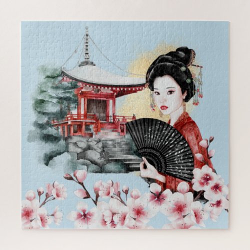 Japanese Cherry Blossom Pagoda Geisha Girl Jigsaw Puzzle