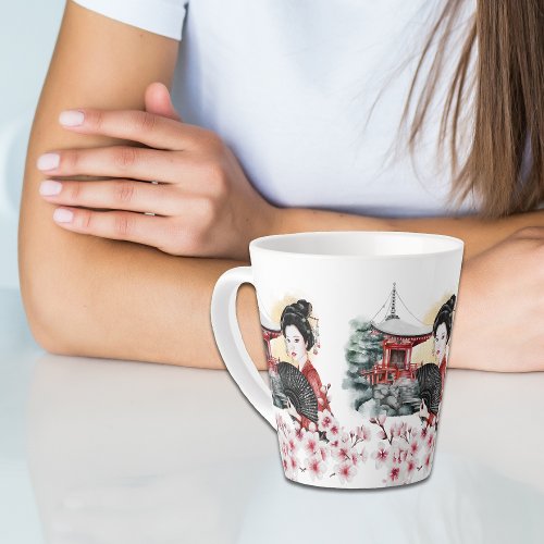 Japanese Cherry Blossom Pagoda Geisha Girl Latte Mug