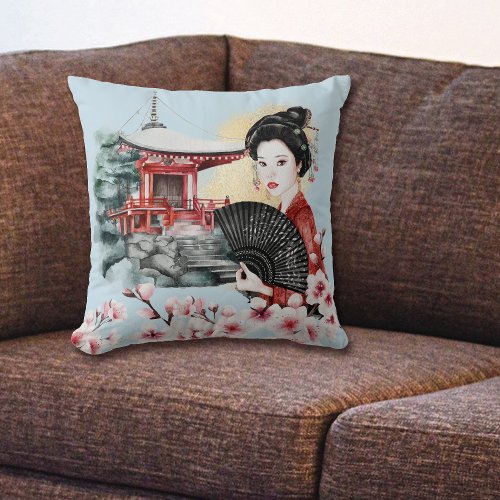 Japanese Cherry Blossom Pagoda Geisha Girl Throw Pillow