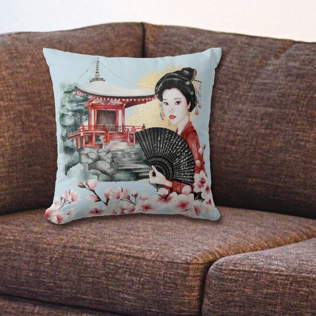 Japanese Cherry Blossom Pagoda Geisha Girl Throw Pillow (Creator Uploaded)
