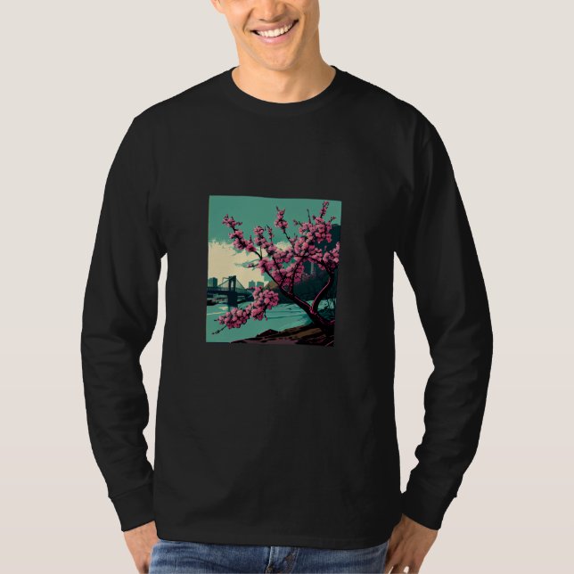 Japanese Cherry Blossom tree river suspension brid T-Shirt (Front)