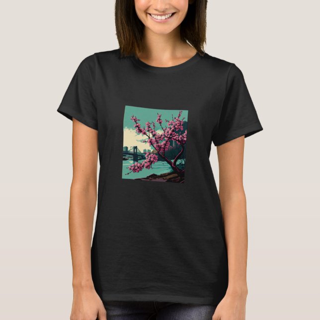 Japanese Cherry Blossom tree river suspension brid T-Shirt (Front)