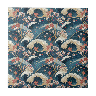 Japanese Cherry Blossom & Waves Floral Pattern Art Ceramic Tile