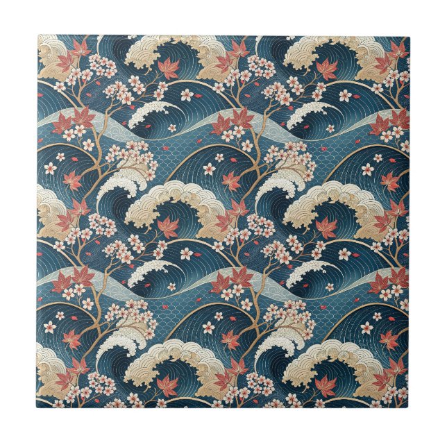 Japanese Cherry Blossom & Waves Floral Pattern Art Ceramic Tile (Front)