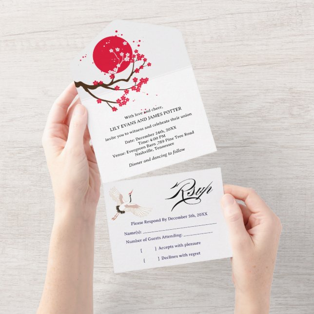 Japanese Cherry Blossom Wedding  All In One Invitation (Tearaway)