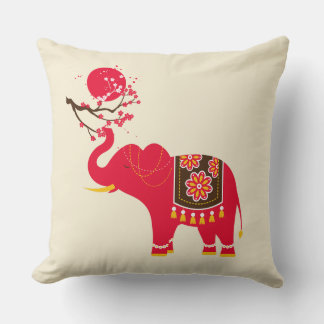 Japanese Cherry Blossom with Red Elephant Throw Pillow