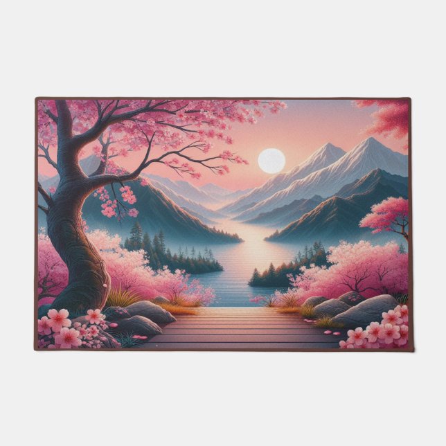 Japanese Cherry Blossoms Mountain Forest Landscape Doormat (Front)