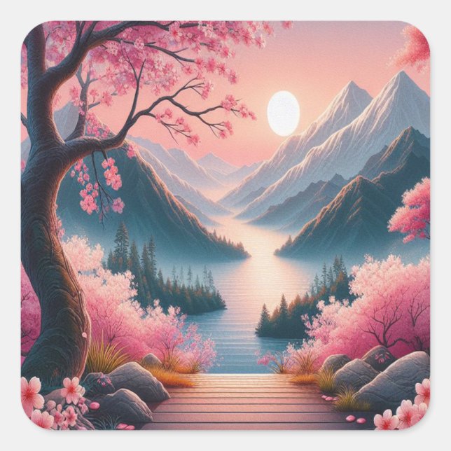 Japanese Cherry Blossoms Mountain Forest Landscape Square Sticker (Front)