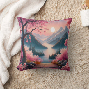 Japanese Cherry Blossoms Mountain Forest Landscape Throw Pillow