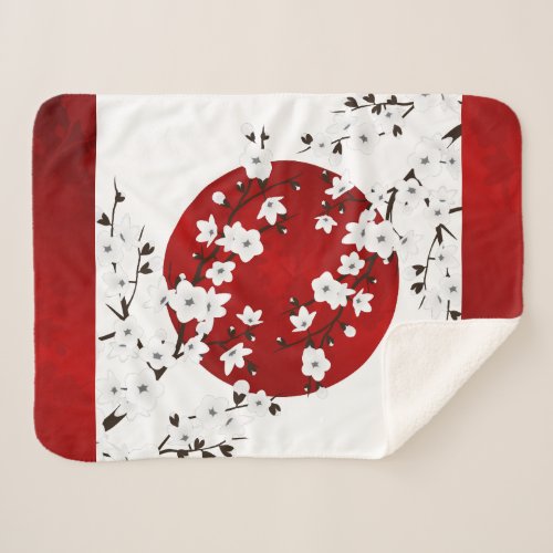 Japanese Cherry Blossoms Red Black White Sherpa Blanket