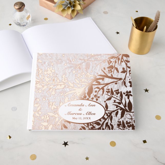 Japanese Cherry Blossoms Rose Gold Foil Wedding Guest Book (Front Open)